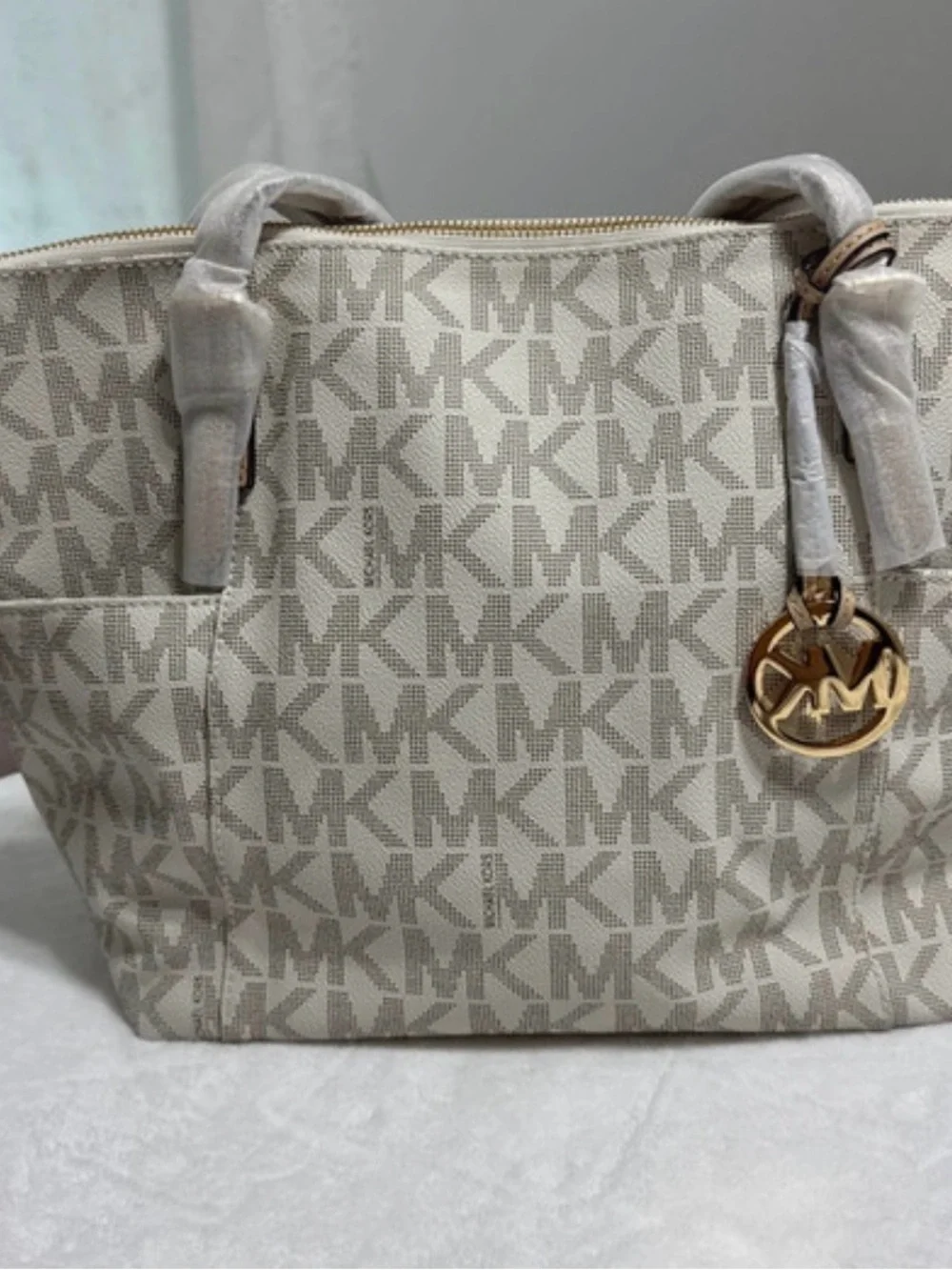 NWT Michael Kors Cream and Taupe Logo Tote with Gold Charm